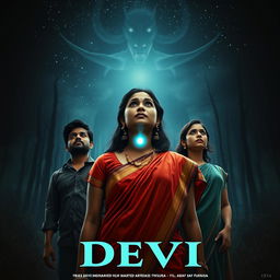 A captivating film poster titled 'Devi', highlighting a stunning 30-year-old unmarried Indian woman dressed in a vivid saari and blouse