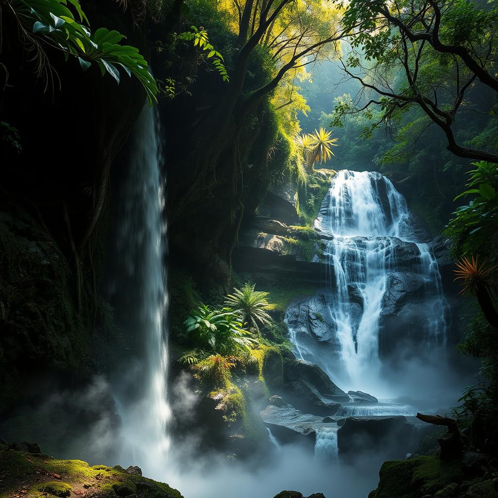 A mystical exploration scene set in the Tehuacán wilderness, showcasing hidden waterfalls deep within a lush, dense forest