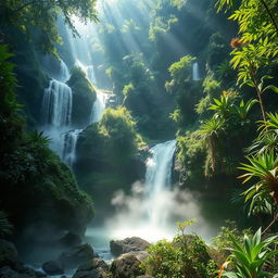 A mystical exploration scene set in the Tehuacán wilderness, showcasing hidden waterfalls deep within a lush, dense forest