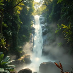 A mystical exploration scene set in the Tehuacán wilderness, showcasing hidden waterfalls deep within a lush, dense forest