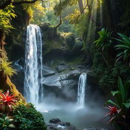 A mystical exploration scene set in the Tehuacán wilderness, showcasing hidden waterfalls deep within a lush, dense forest