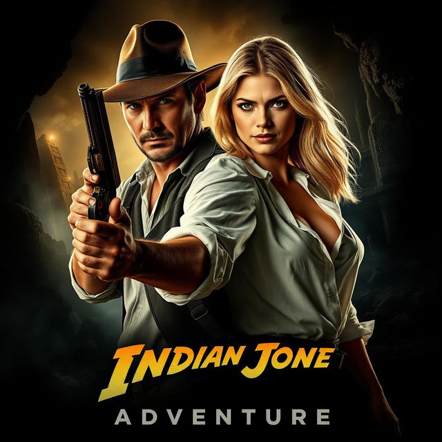 A gripping movie poster for a dark style action-adventure film, featuring an Indiana Jones-style male hero with a rugged look, confidently holding a vintage pistol, radiating charisma and determination