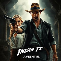 A gripping movie poster for a dark style action-adventure film, featuring an Indiana Jones-style male hero with a rugged look, confidently holding a vintage pistol, radiating charisma and determination