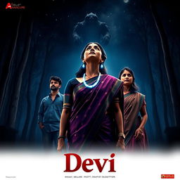 A stunning film poster titled 'Devi', featuring a 30-year-old unmarried Indian woman in a beautifully detailed saari and blouse