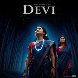 A stunning film poster titled 'Devi', featuring a 30-year-old unmarried Indian woman in a beautifully detailed saari and blouse