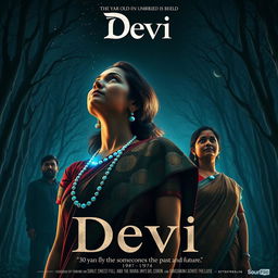 A stunning film poster titled 'Devi', featuring a 30-year-old unmarried Indian woman in a beautifully detailed saari and blouse