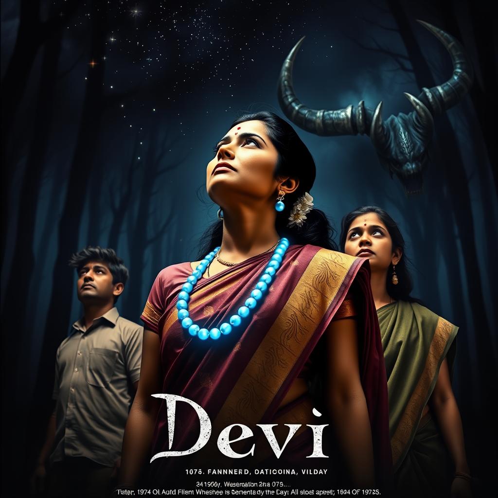 A stunning film poster titled 'Devi', featuring a 30-year-old unmarried Indian woman in a beautifully detailed saari and blouse