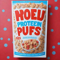 A bold blue cereal box with the title 'Protein Puffs' in vibrant red letters, framed by a crisp white border.