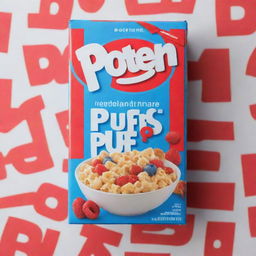 A bold blue cereal box with the title 'Protein Puffs' in vibrant red letters, framed by a crisp white border.