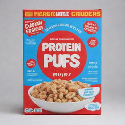 A bold blue cereal box with the title 'Protein Puffs' in vibrant red letters, framed by a crisp white border.