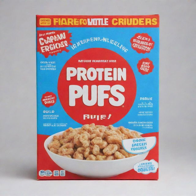 A bold blue cereal box with the title 'Protein Puffs' in vibrant red letters, framed by a crisp white border.