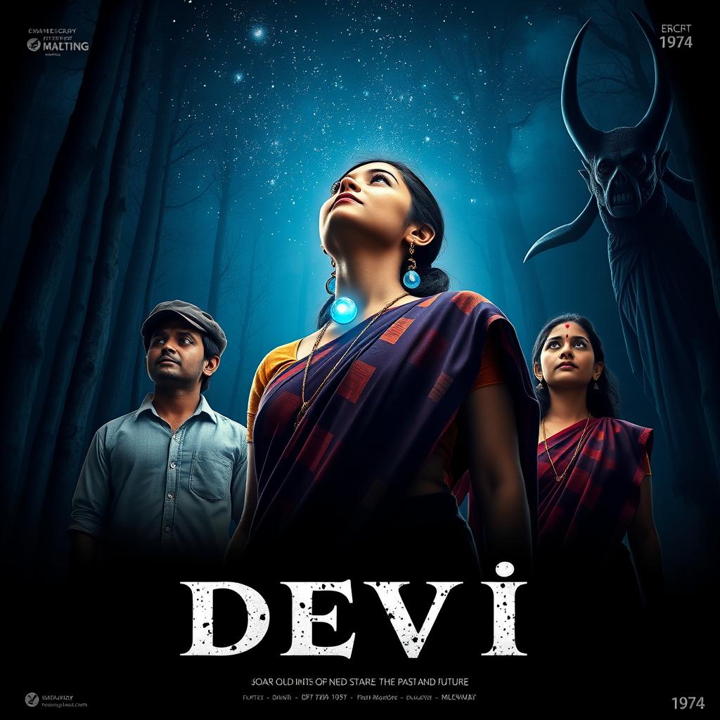 An intriguing film poster titled 'Devi', featuring a stunning 30-year-old unmarried Indian woman dressed in a colorful saari and blouse