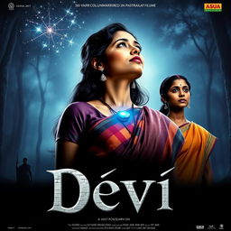 An intriguing film poster titled 'Devi', featuring a stunning 30-year-old unmarried Indian woman dressed in a colorful saari and blouse