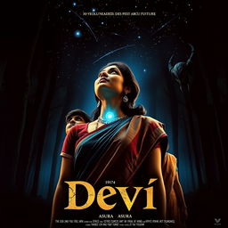 An intriguing film poster titled 'Devi', featuring a stunning 30-year-old unmarried Indian woman dressed in a colorful saari and blouse