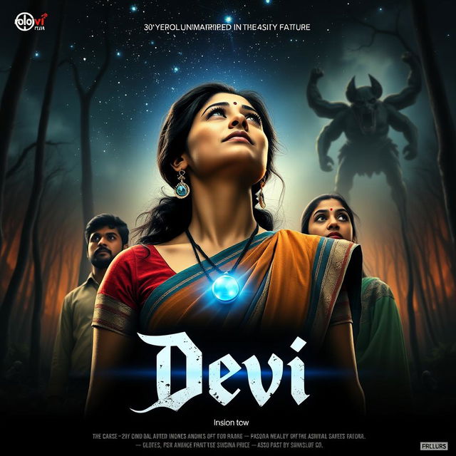 An intriguing film poster titled 'Devi', featuring a stunning 30-year-old unmarried Indian woman dressed in a colorful saari and blouse