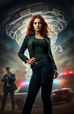 A dramatic scene featuring a woman standing confidently in the center of a swirling tornado of ghostly echoes representing memories of the past, with a strong and determined expression