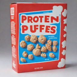 A bold blue cereal box with the title 'Protein Puffs' in vibrant red letters, framed by a crisp white border.