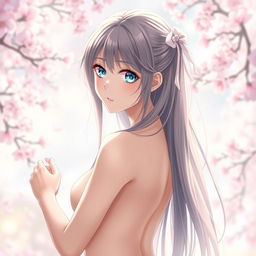 A beautiful anime waifu with striking blue eyes, posed elegantly while nude, highlighting her graceful form