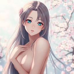 A beautiful anime waifu with striking blue eyes, posed elegantly while nude, highlighting her graceful form