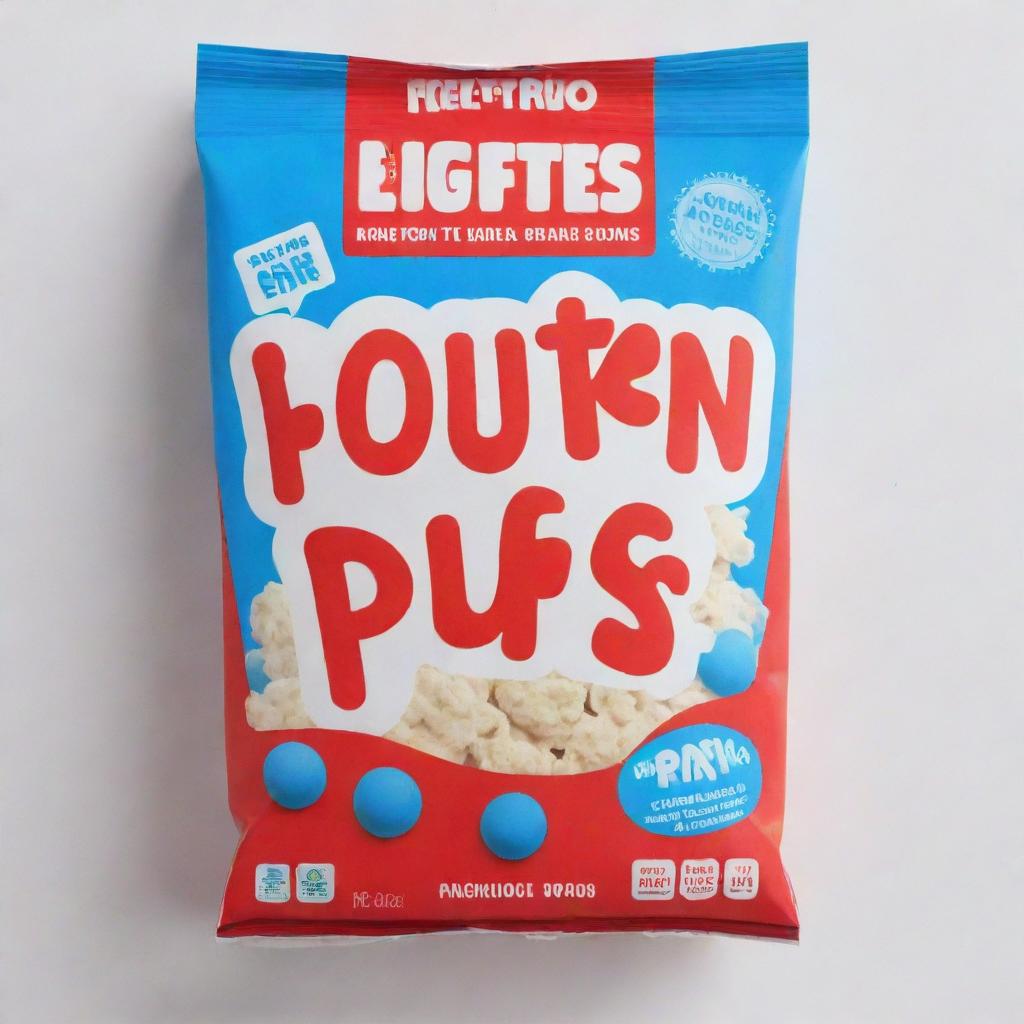 A vibrant blue cereal box with the title 'Protein Puffs' in bold red letters, enclosed within a white border.