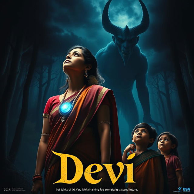 A compelling film poster titled 'Devi', featuring a stunning 30-year-old unmarried Indian woman in a vibrant saari and blouse