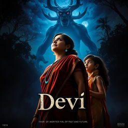 A compelling film poster titled 'Devi', featuring a stunning 30-year-old unmarried Indian woman in a vibrant saari and blouse