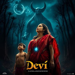 A compelling film poster titled 'Devi', featuring a stunning 30-year-old unmarried Indian woman in a vibrant saari and blouse