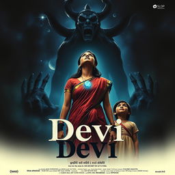 A compelling film poster titled 'Devi', featuring a stunning 30-year-old unmarried Indian woman in a vibrant saari and blouse