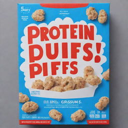 A vibrant blue cereal box with the title 'Protein Puffs' in bold red letters, enclosed within a white border.