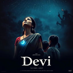 An engaging film poster titled 'Devi', showcasing a beautiful 30-year-old unmarried Indian woman dressed in an exquisite saari and blouse