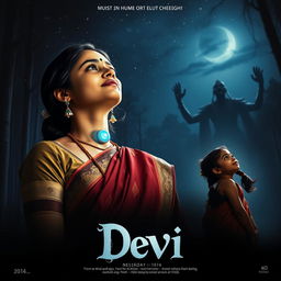 An engaging film poster titled 'Devi', showcasing a beautiful 30-year-old unmarried Indian woman dressed in an exquisite saari and blouse