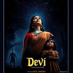 An engaging film poster titled 'Devi', showcasing a beautiful 30-year-old unmarried Indian woman dressed in an exquisite saari and blouse