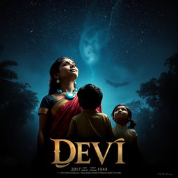 An engaging film poster titled 'Devi', showcasing a beautiful 30-year-old unmarried Indian woman dressed in an exquisite saari and blouse