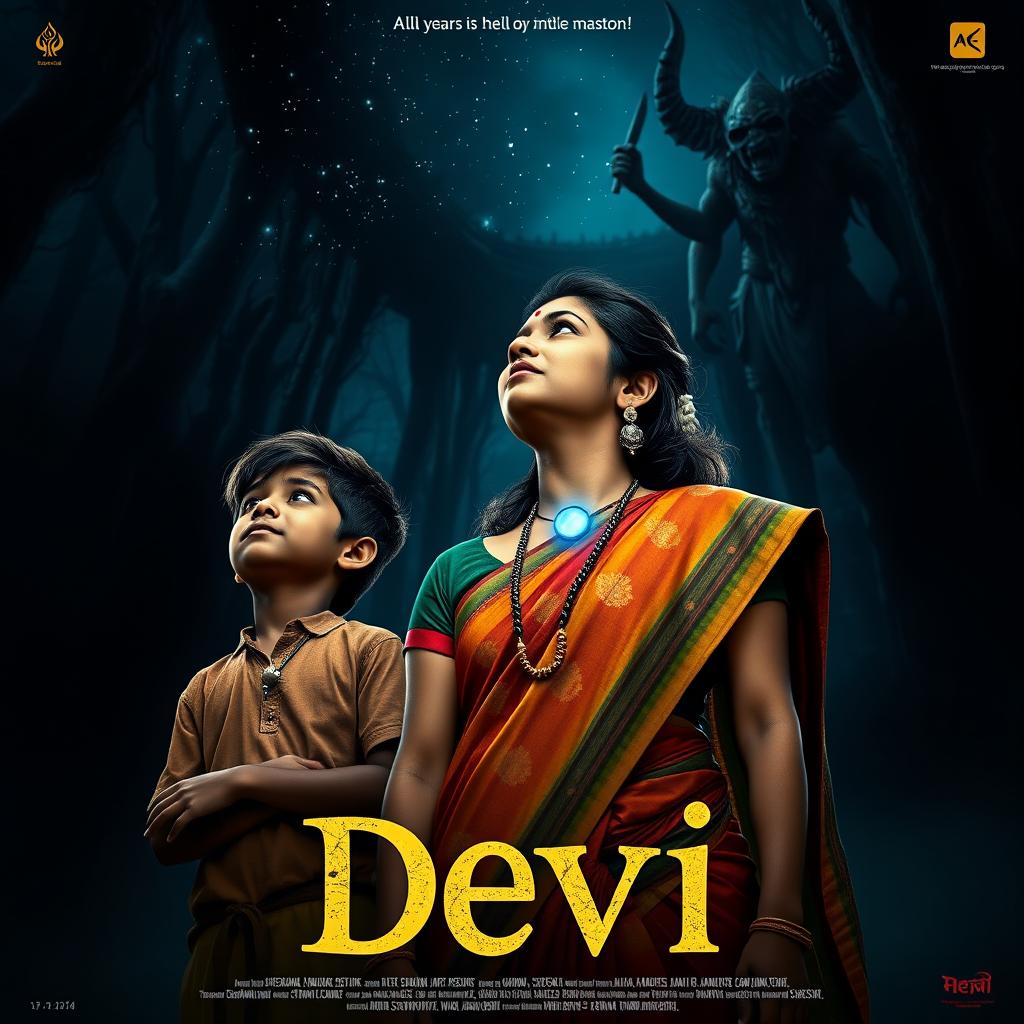 A captivating film poster titled 'Devi', featuring a beautiful 30-year-old unmarried Indian woman dressed in a colorful saari and blouse