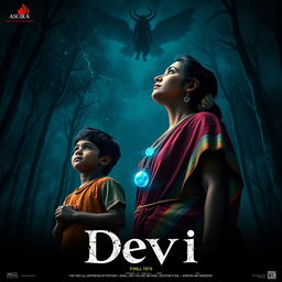 A captivating film poster titled 'Devi', featuring a beautiful 30-year-old unmarried Indian woman dressed in a colorful saari and blouse