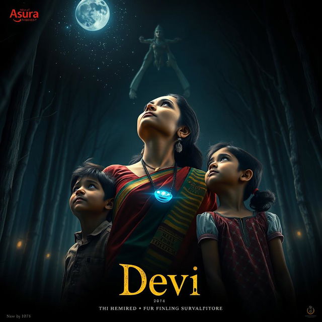 A captivating film poster titled 'Devi', featuring a beautiful 30-year-old unmarried Indian woman dressed in a colorful saari and blouse