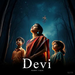 A captivating film poster titled 'Devi', featuring a beautiful 30-year-old unmarried Indian woman dressed in a colorful saari and blouse