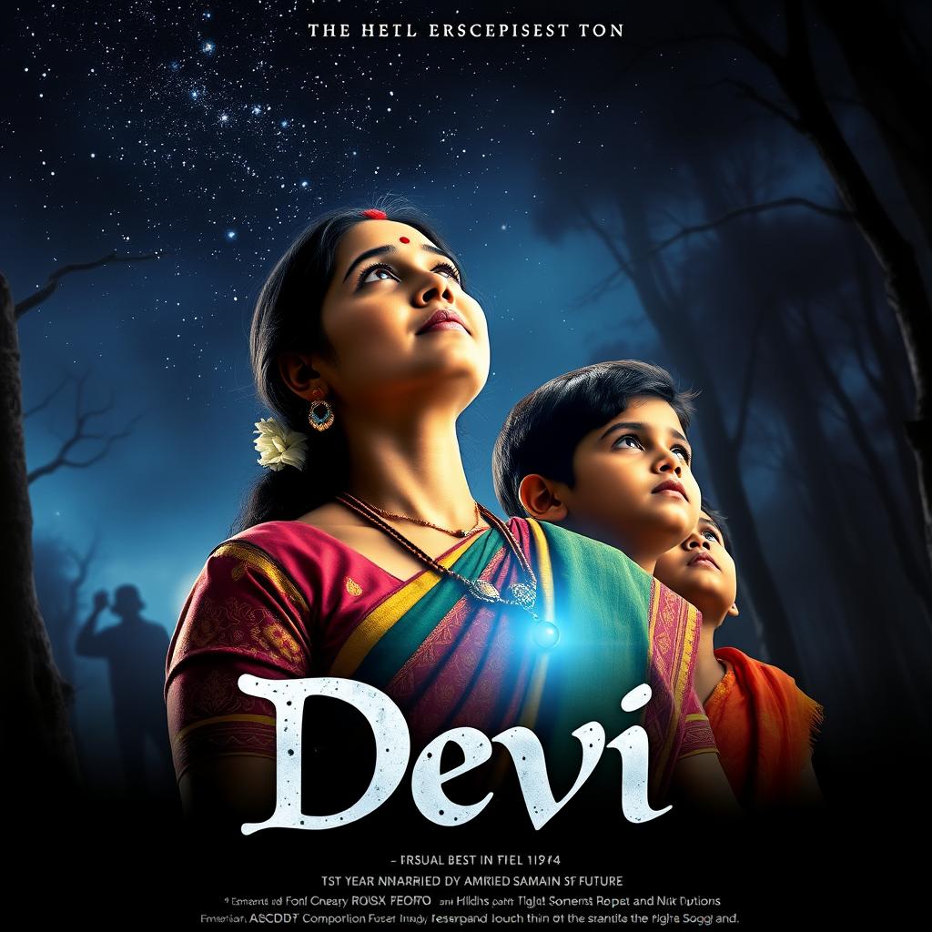 A striking film poster titled 'Devi', featuring a breathtaking 30-year-old unmarried Indian woman adorned in a colorful saari and blouse