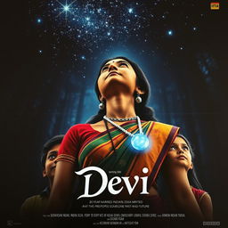 A striking film poster titled 'Devi', featuring a breathtaking 30-year-old unmarried Indian woman adorned in a colorful saari and blouse