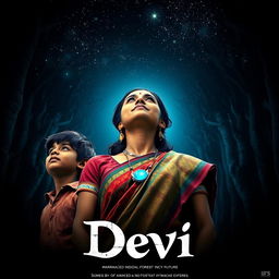 A striking film poster titled 'Devi', featuring a breathtaking 30-year-old unmarried Indian woman adorned in a colorful saari and blouse