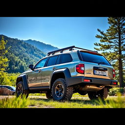 A rugged Lada Largus SUV parked in a picturesque outdoor setting, surrounded by lush greenery and mountains in the background