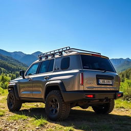 A rugged Lada Largus SUV parked in a picturesque outdoor setting, surrounded by lush greenery and mountains in the background