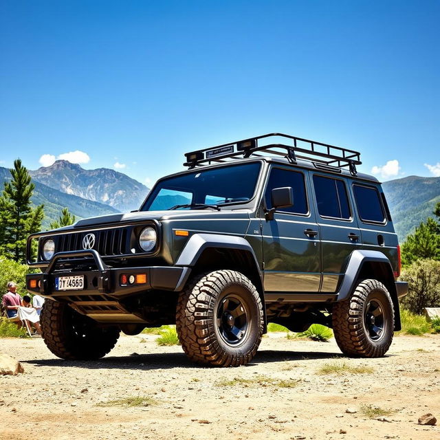 A rugged Lada Largus SUV parked in a picturesque outdoor setting, surrounded by lush greenery and mountains in the background