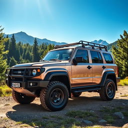 A rugged Lada Largus SUV parked in a picturesque outdoor setting, surrounded by lush greenery and mountains in the background