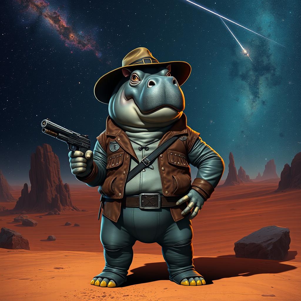 A galactic hippo gunslinger, wearing a rugged leather jacket with futuristic designs, stands confidently on an alien desert planet under a vast starry sky