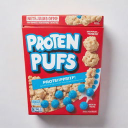 A vibrant blue cereal box with the title 'Protein Puffs' in bold red letters, enclosed within a white border.