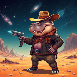 A galactic hippo gunslinger, wearing a rugged leather jacket with futuristic designs, stands confidently on an alien desert planet under a vast starry sky