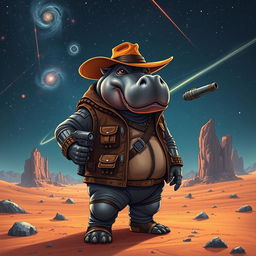 A galactic hippo gunslinger, wearing a rugged leather jacket with futuristic designs, stands confidently on an alien desert planet under a vast starry sky