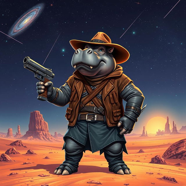 A galactic hippo gunslinger, wearing a rugged leather jacket with futuristic designs, stands confidently on an alien desert planet under a vast starry sky