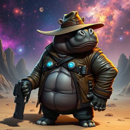 An adult galactic hippo gunslinger, showcasing a muscular physique, stands confidently on an alien desert planet, dressed in a rugged leather jacket adorned with futuristic embellishments